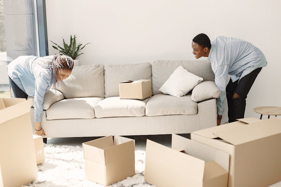 A man and woman are inside a modern living room preparing for a home relocation, surrounded by open cardboard boxes on the white carpeted floor. The woman, with braided hair, is bending over, placing or retrieving items from a box, while the man, with short black hair, is leaning forward, possibly arranging or lifting a box. The room features a light-colored sofa with a white pillow, positioned near a large window allowing natural light into the space. On the sofa, there is a small cardboard box with an open top, and nearby are several other empty or partially packed boxes of various sizes, some with flaps open. A potted plant with long green leaves is placed on a side table or stand near the window, contributing to the bright and airy atmosphere. This scene captures the process of packing and moving furniture and household items, likely as part of a furniture transport or house-moving arrangement, coordinated by Man and Van Coulsdon as indicated by their service focus on removals.
